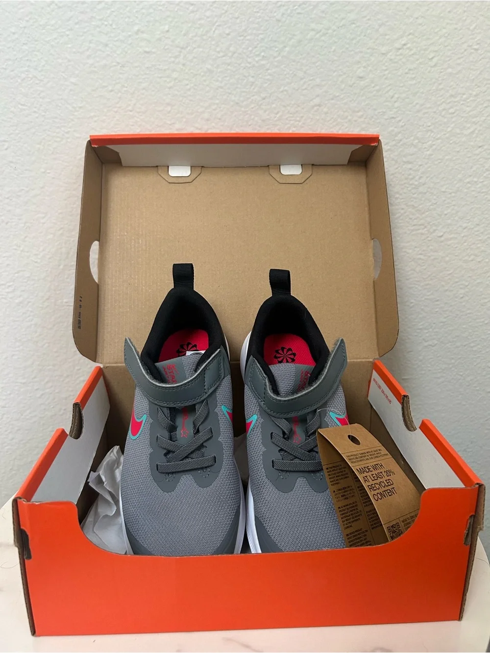 Nike Kids Grey and Pink-Teal Swoosh Athletic Sneakers